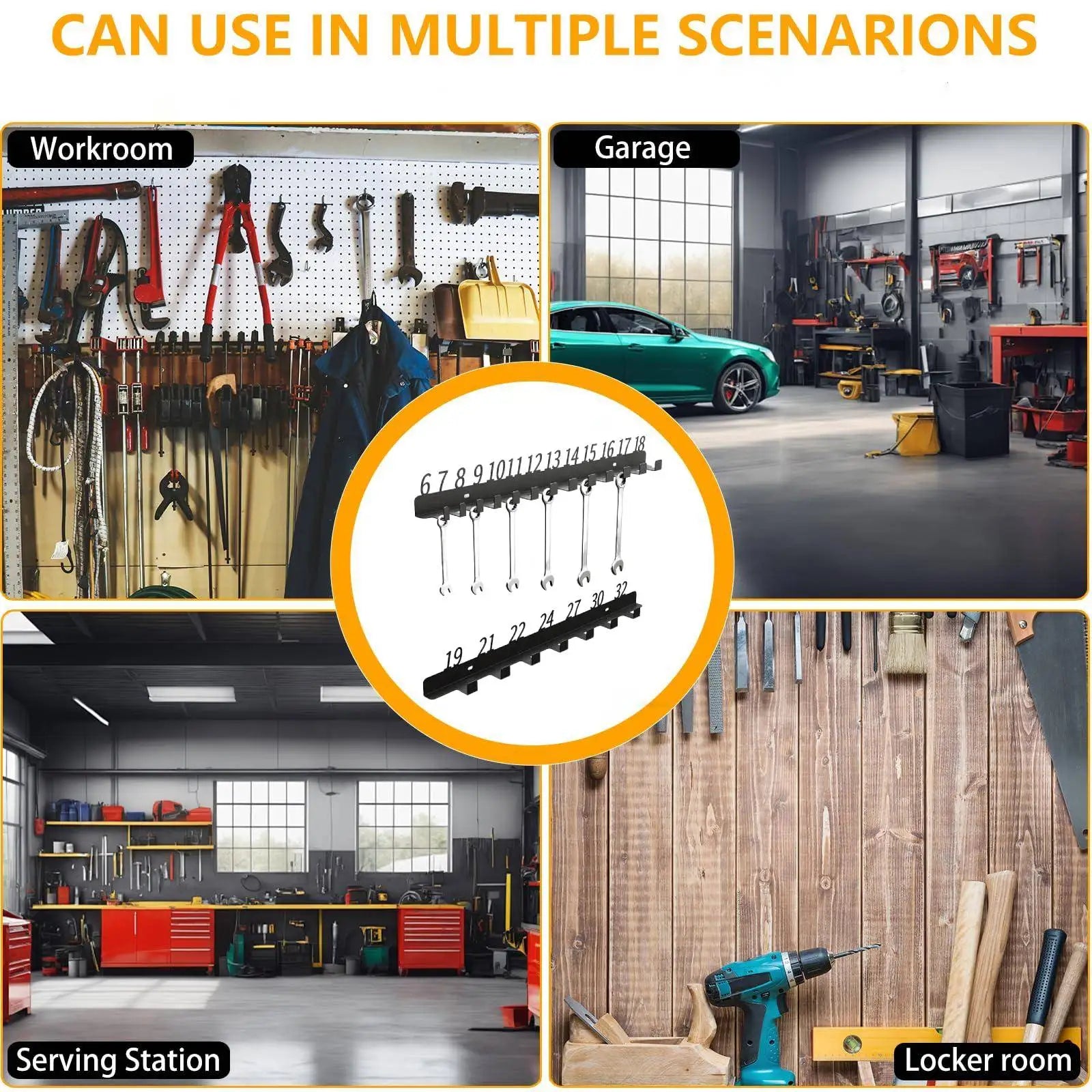 Wall-Mounted Wrench Sorter, Multi-Hole Metal Tool Organizer Rack for Garage Workshop Tool Organization and Professional Mechanic